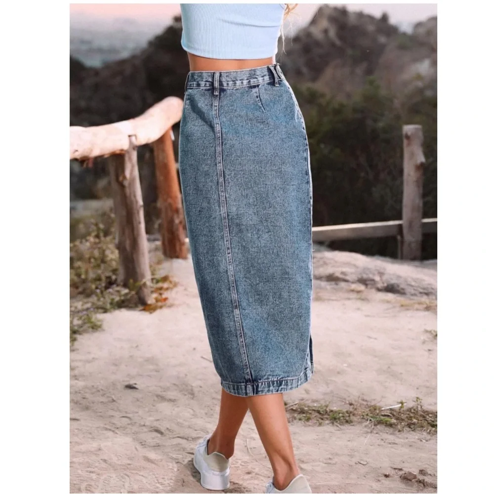 Women's Casual High Waisted Solid Button Up Blue Denim Jean Midi Skirt